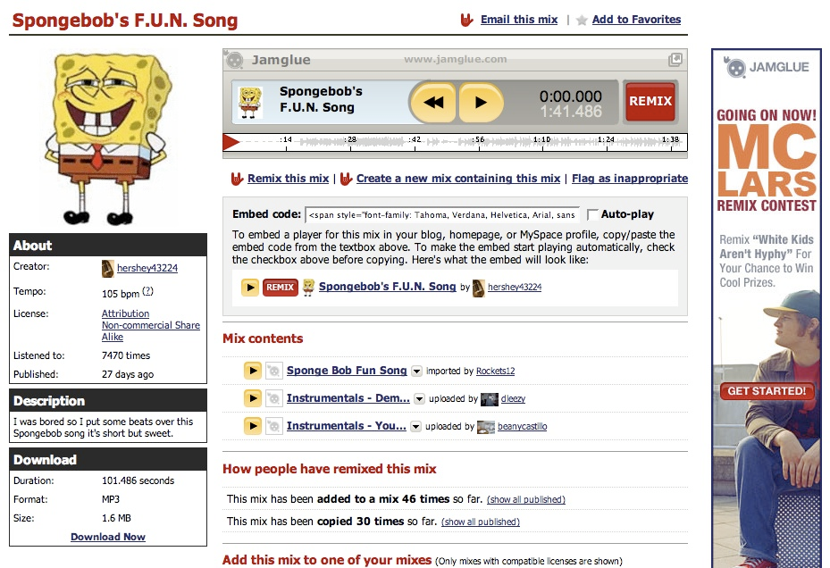 A mix detail page, November 2007
